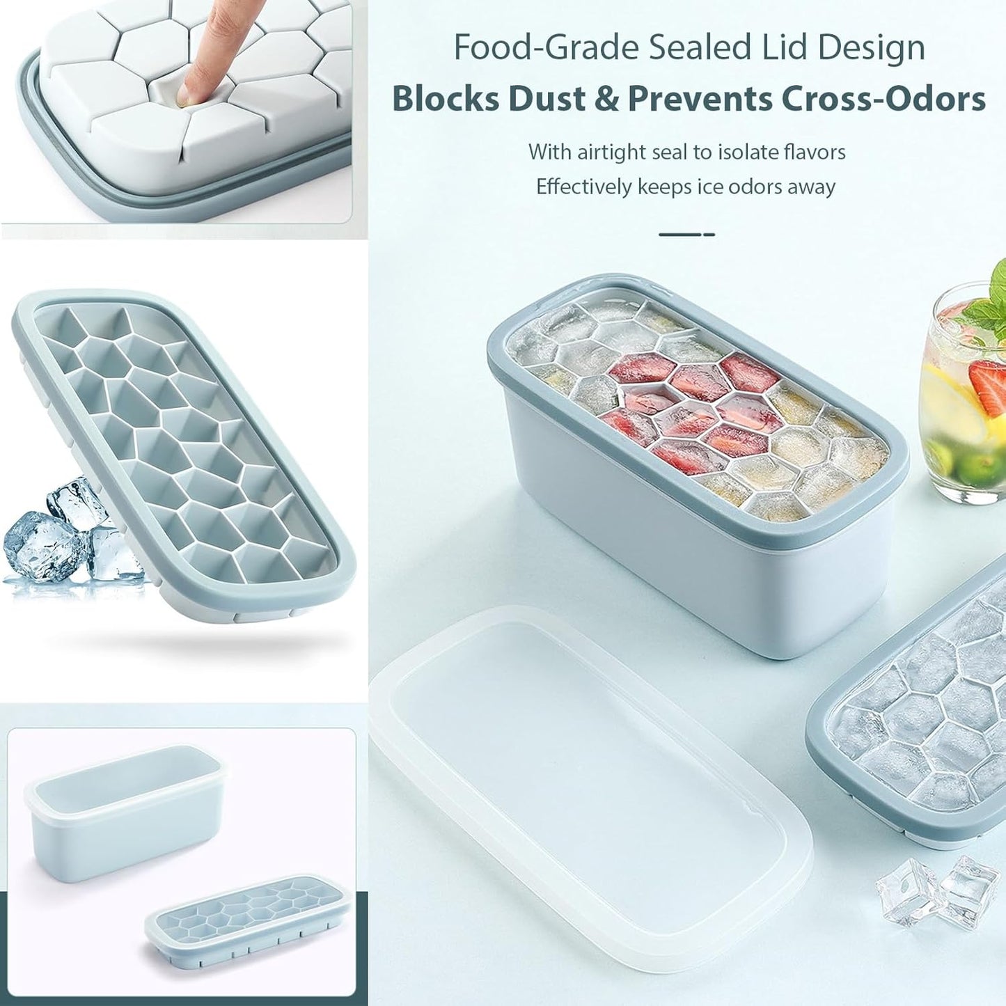 Hexagon Ice Cube Tray with Storage Box and Lid – Easy-Release Silicone Ice Mold with Ice Scoop – Stackable, BPA-Free, for Freezer Use