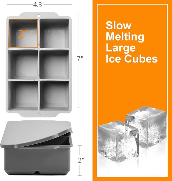 2-Inch Large Silicone Ice Cube Tray with Lid – 6 Big Cubes – BPA-Free Slow-Melting Mold for Whiskey, Cocktails, Coffee – 7 × 4.3 × 2 in