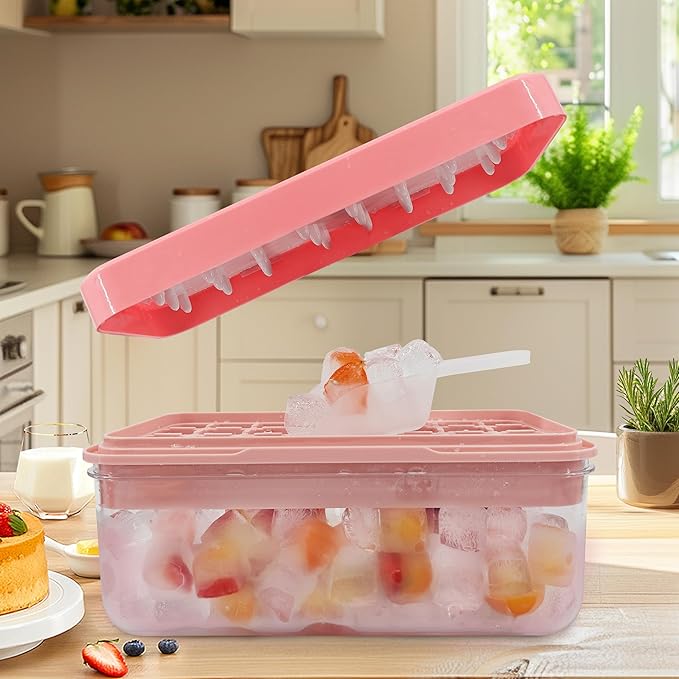 32-Cube Silicone Ice Tray with Lid and Storage Box – Easy-Release Press Panel – Includes Ice Scoop – BPA-Free, Stackable (10.2 × 5.3 × 4.9 in)