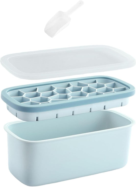 Hexagon Ice Cube Tray with Storage Box and Lid – Easy-Release Silicone Ice Mold with Ice Scoop – Stackable, BPA-Free, for Freezer Use