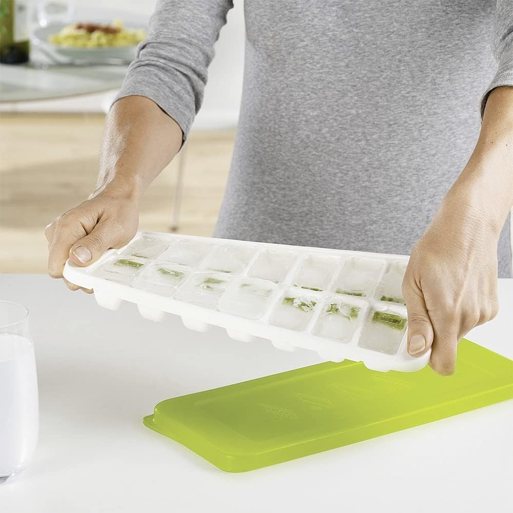 Easy-Release Ice Cube Tray with Lid – 12-Cavity Push Bottom Ice Mold – BPA-Free Stackable Ice Maker for Freezer Use