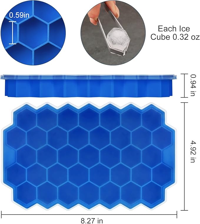 Honeycomb Silicone Ice Cube Tray with Lid – 37-Cavity Food-Grade Ice Mold – Easy Release Hexagon Freezer Tray (8.27 × 4.92 in)