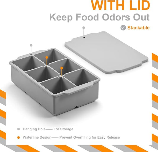 2-Inch Large Silicone Ice Cube Tray with Lid – 6 Big Cubes – BPA-Free Slow-Melting Mold for Whiskey, Cocktails, Coffee – 7 × 4.3 × 2 in
