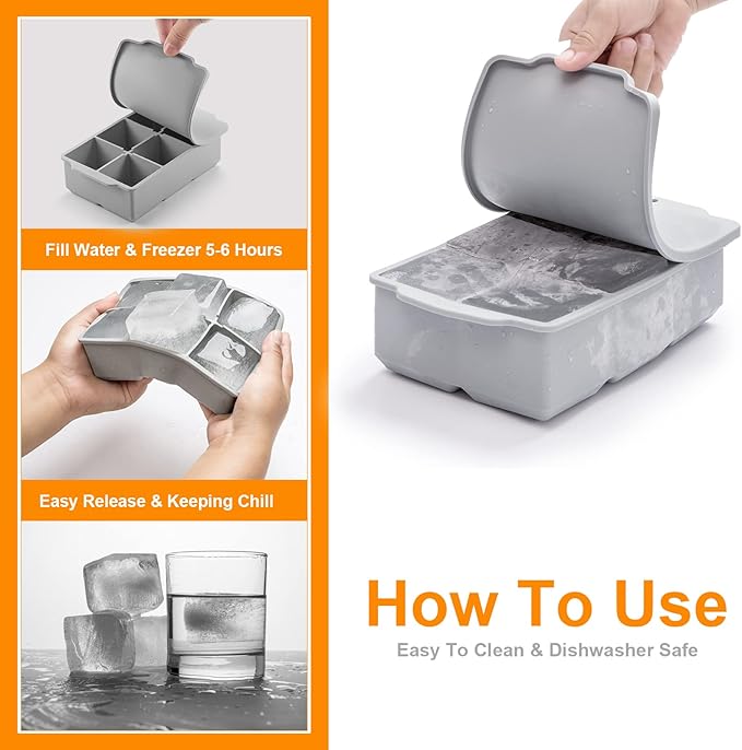 2-Inch Large Silicone Ice Cube Tray with Lid – 6 Big Cubes – BPA-Free Slow-Melting Mold for Whiskey, Cocktails, Coffee – 7 × 4.3 × 2 in