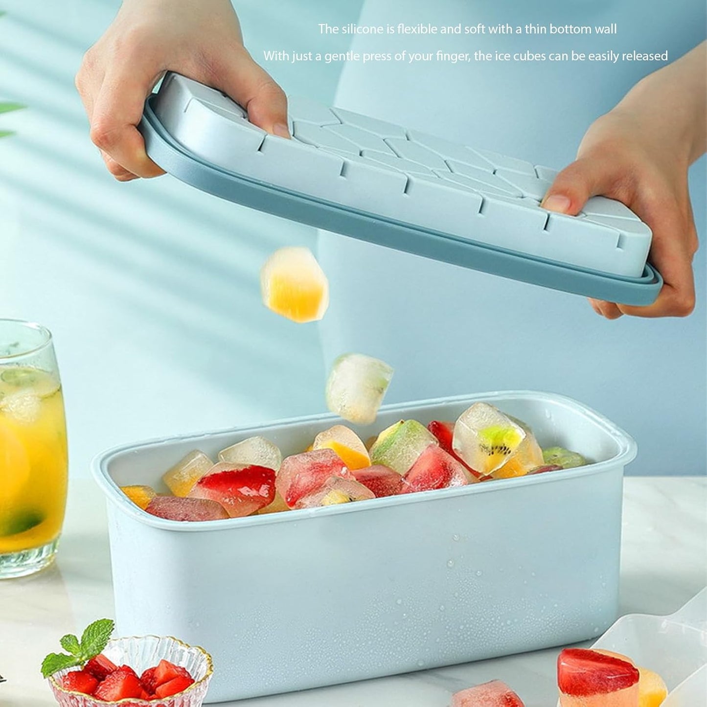 Hexagon Ice Cube Tray with Storage Box and Lid – Easy-Release Silicone Ice Mold with Ice Scoop – Stackable, BPA-Free, for Freezer Use
