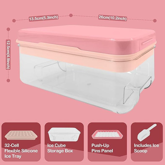 32-Cube Silicone Ice Tray with Lid and Storage Box – Easy-Release Press Panel – Includes Ice Scoop – BPA-Free, Stackable (10.2 × 5.3 × 4.9 in)