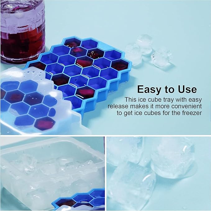 Honeycomb Silicone Ice Cube Tray with Lid – 37-Cavity Food-Grade Ice Mold – Easy Release Hexagon Freezer Tray (8.27 × 4.92 in)