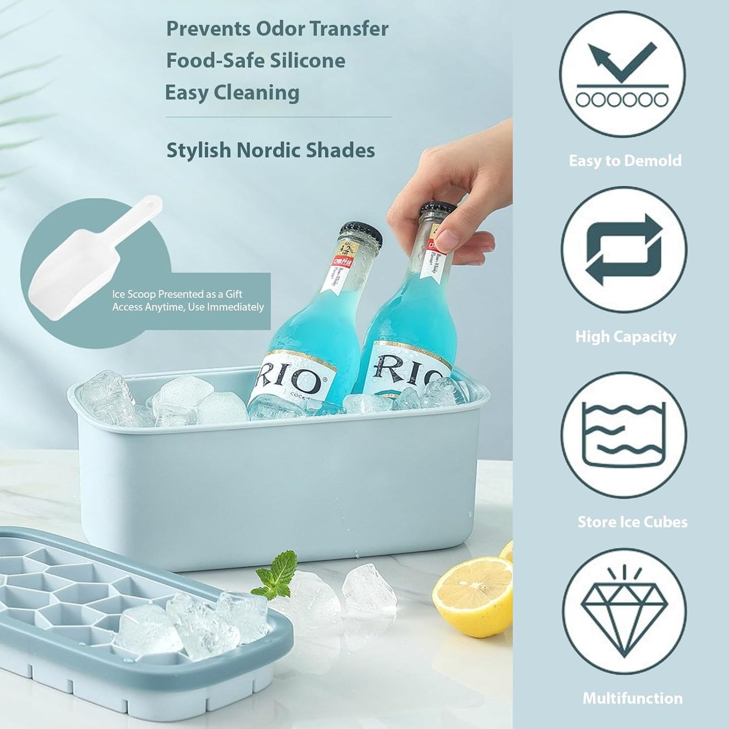 Hexagon Ice Cube Tray with Storage Box and Lid – Easy-Release Silicone Ice Mold with Ice Scoop – Stackable, BPA-Free, for Freezer Use