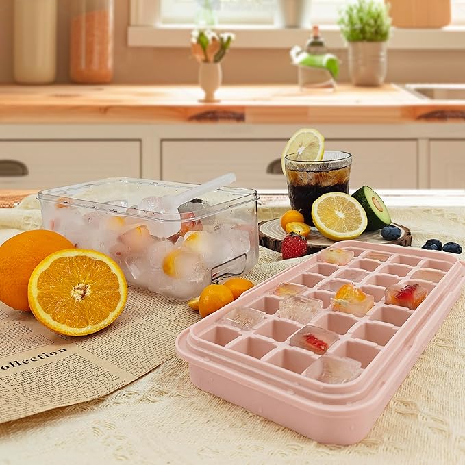 32-Cube Silicone Ice Tray with Lid and Storage Box – Easy-Release Press Panel – Includes Ice Scoop – BPA-Free, Stackable (10.2 × 5.3 × 4.9 in)