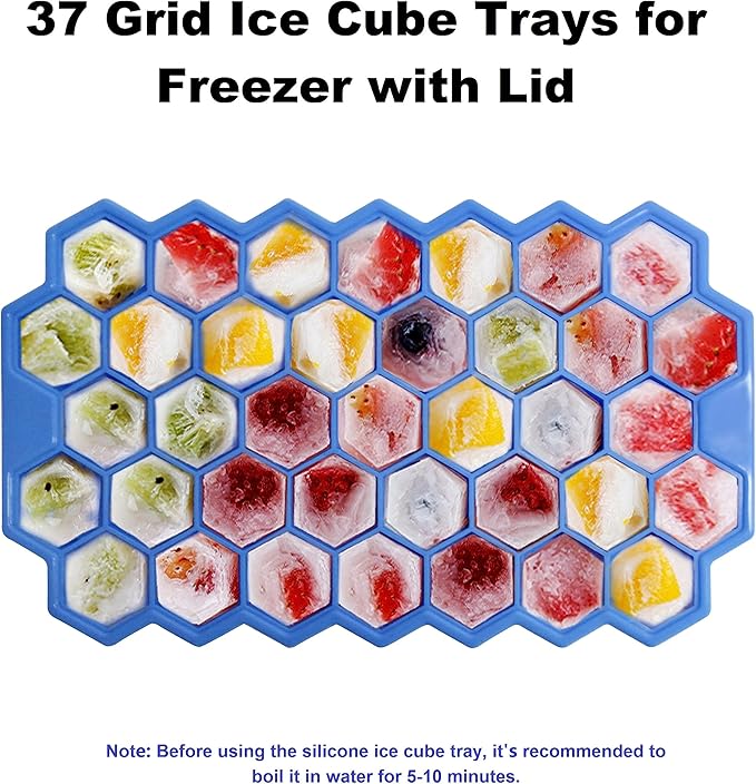 Honeycomb Silicone Ice Cube Tray with Lid – 37-Cavity Food-Grade Ice Mold – Easy Release Hexagon Freezer Tray (8.27 × 4.92 in)