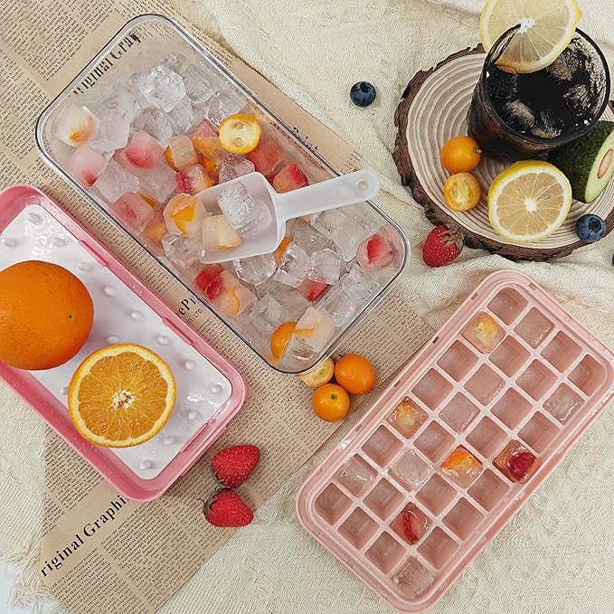32-Cube Silicone Ice Tray with Lid and Storage Box – Easy-Release Press Panel – Includes Ice Scoop – BPA-Free, Stackable (10.2 × 5.3 × 4.9 in)